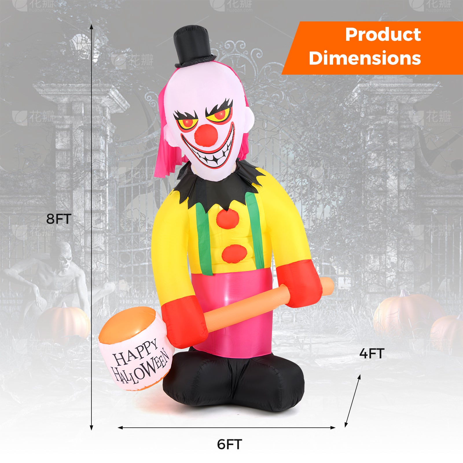 5.9 x 7.9 FT Inflatable Halloween Head Turning Clown with Hammer and Flashing Eyes