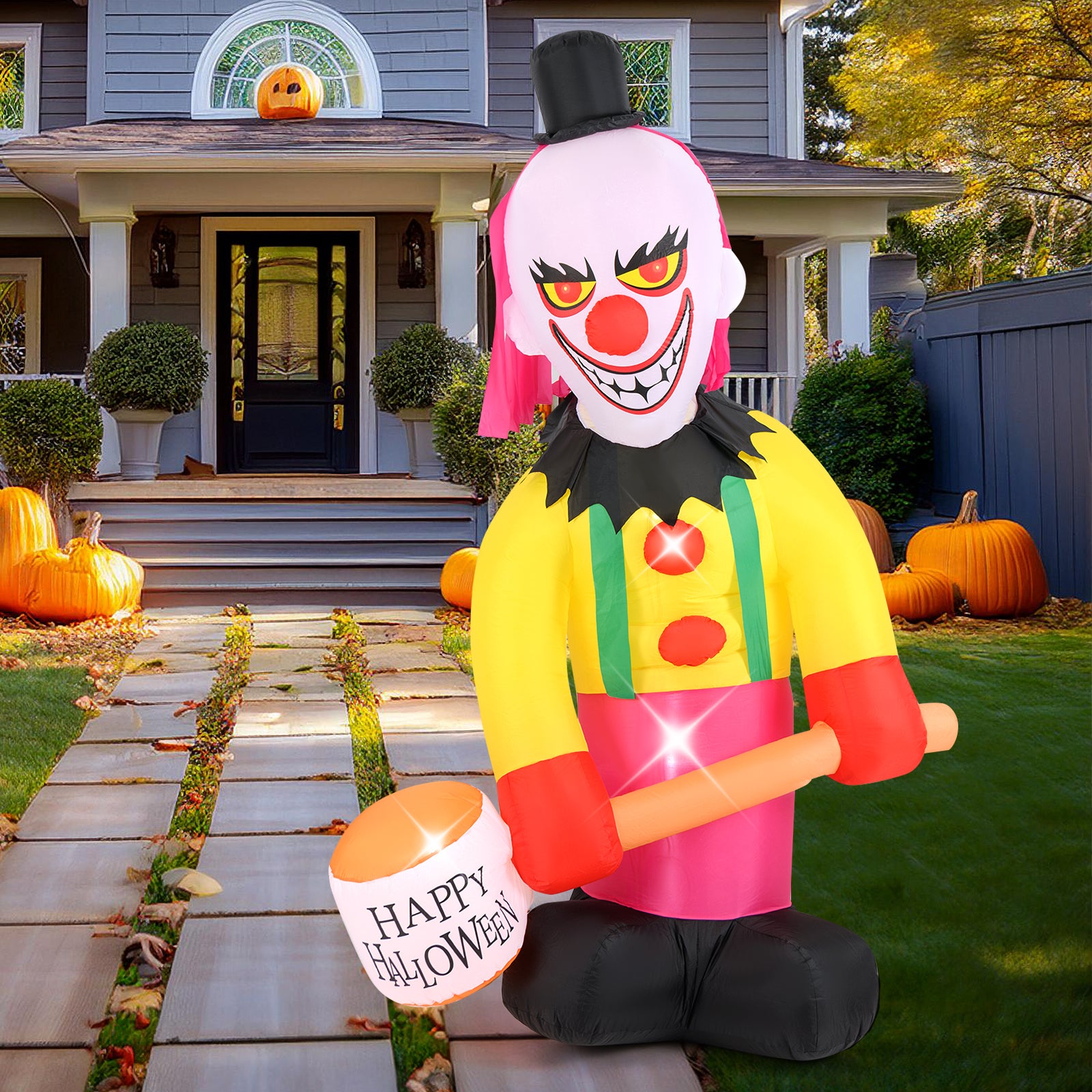 5.9 x 7.9 FT Inflatable Halloween Head Turning Clown with Hammer and Flashing Eyes