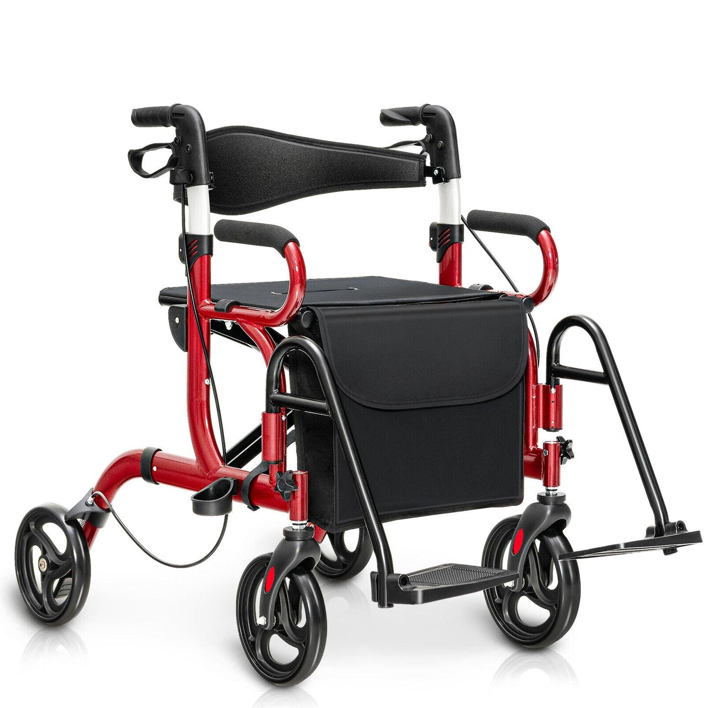 Folding Rollator Walker with 8-inch Wheels and Seat-Navy - Red
