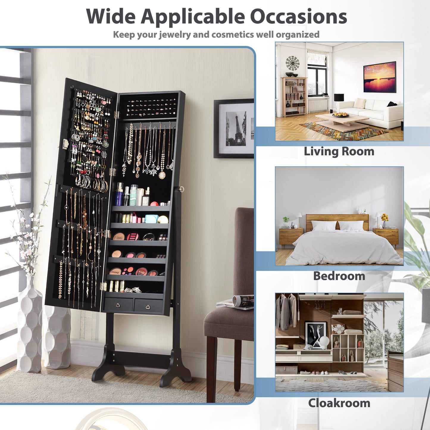 Lockable Mirrored Jewelry Cabinet Armoire Storage Organizer Box