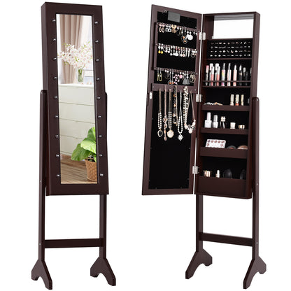 Mirrored Jewelry Cabinet Armoire Organizer w/ LED lights-Brown - Brown