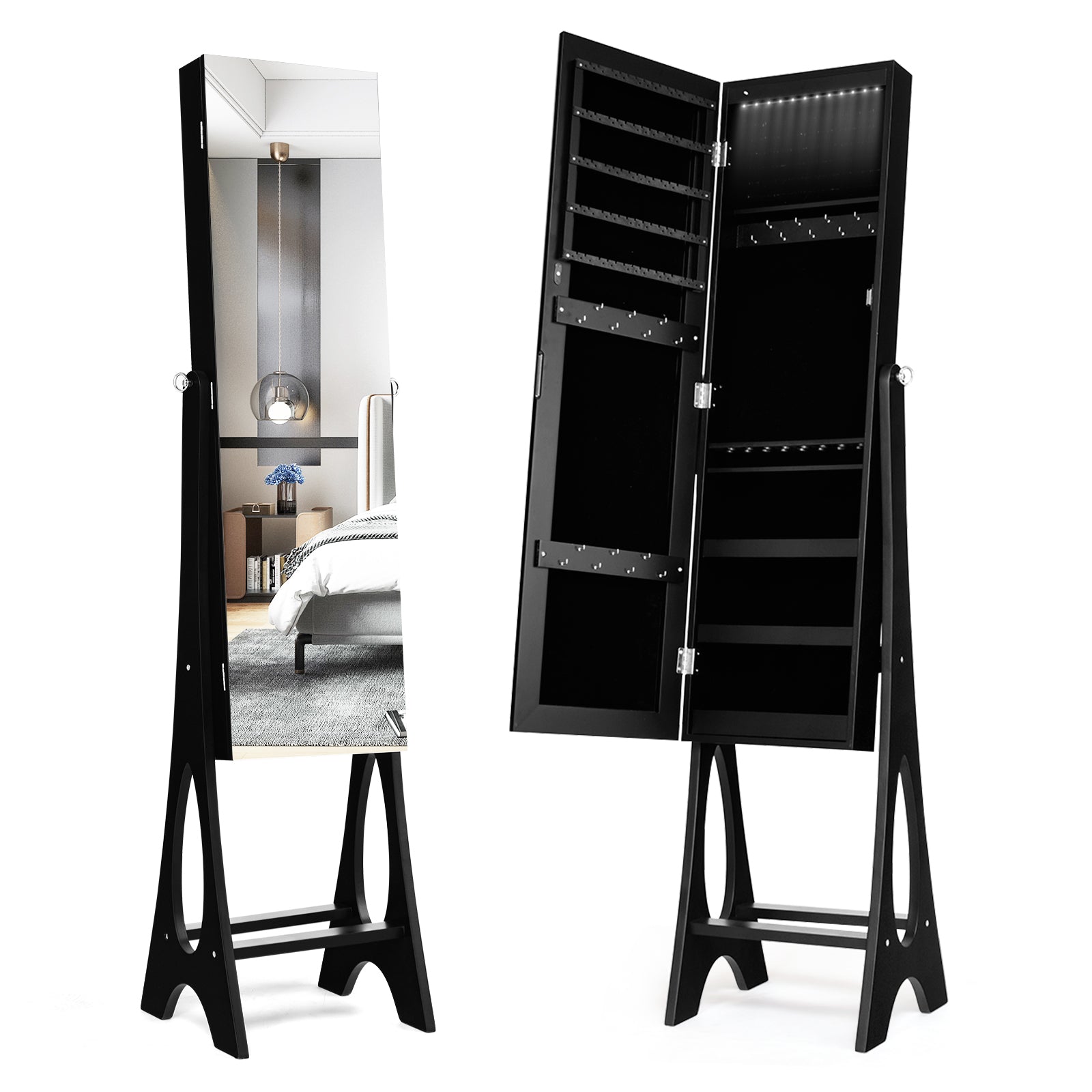 LED Jewelry Cabinet Armoire Organizer with Bevel Edge Mirror-Brown - Black