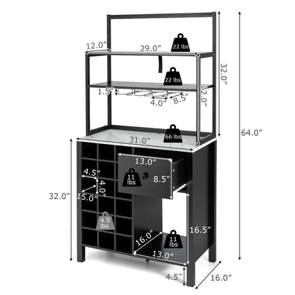 Kitchen Bakers Rack Freestanding Wine Rack Table with Glass Holder and Drawer