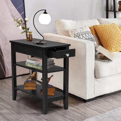 Side End Table with Drawer and 2-Tier Open Storage Shelves for Space Saving
