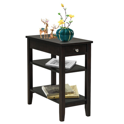 Side End Table with Drawer and 2-Tier Open Storage Shelves for Space Saving-Black - Brown