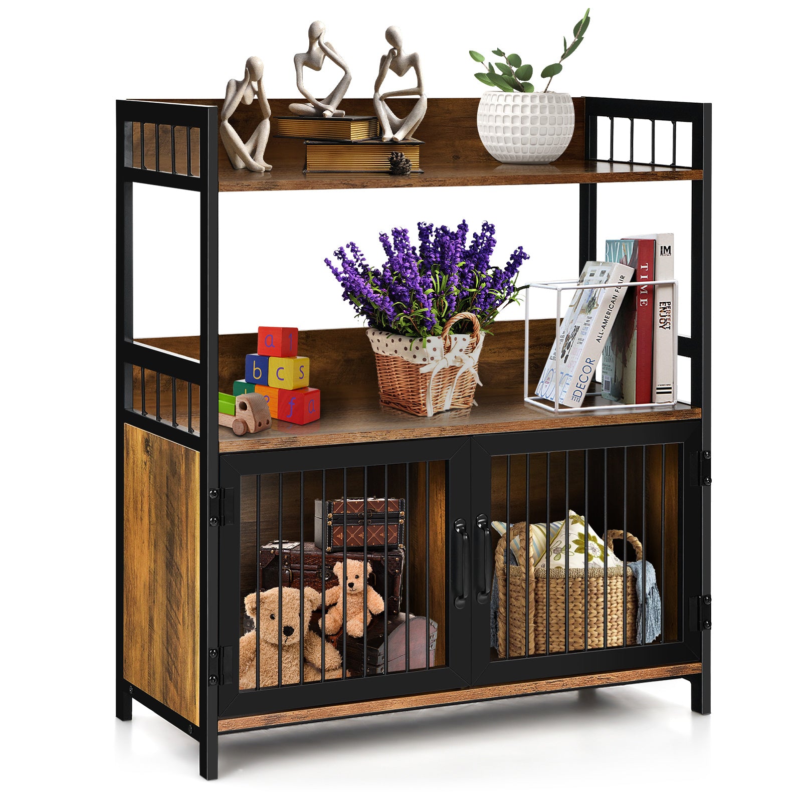 2-Tier Baker's Rack Industrial Kitchen Microwave Oven Stand with Storage Cabinet-Rustic Brown