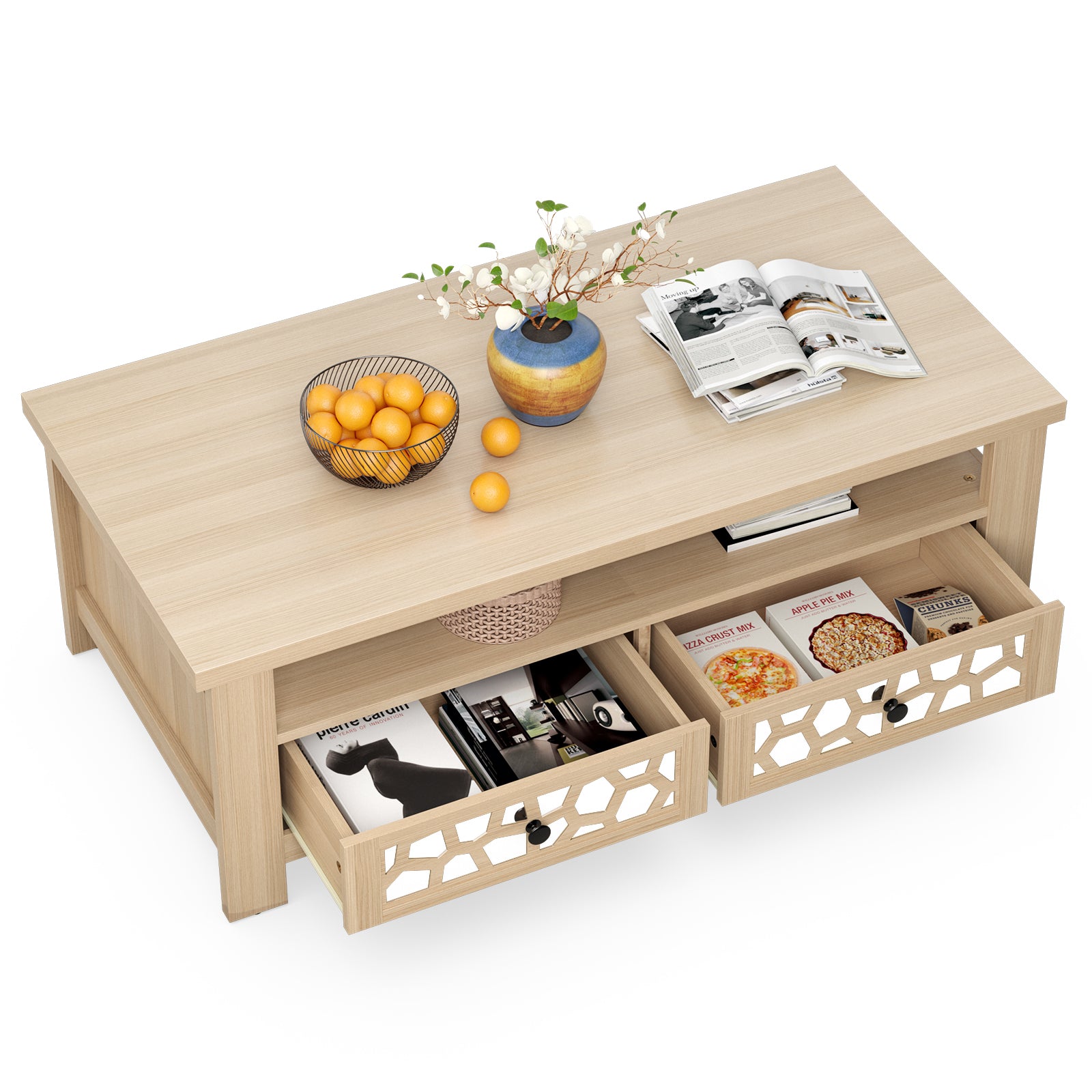 3-tier Coffee Table with 2 Drawers and 5 Support Legs-Natural