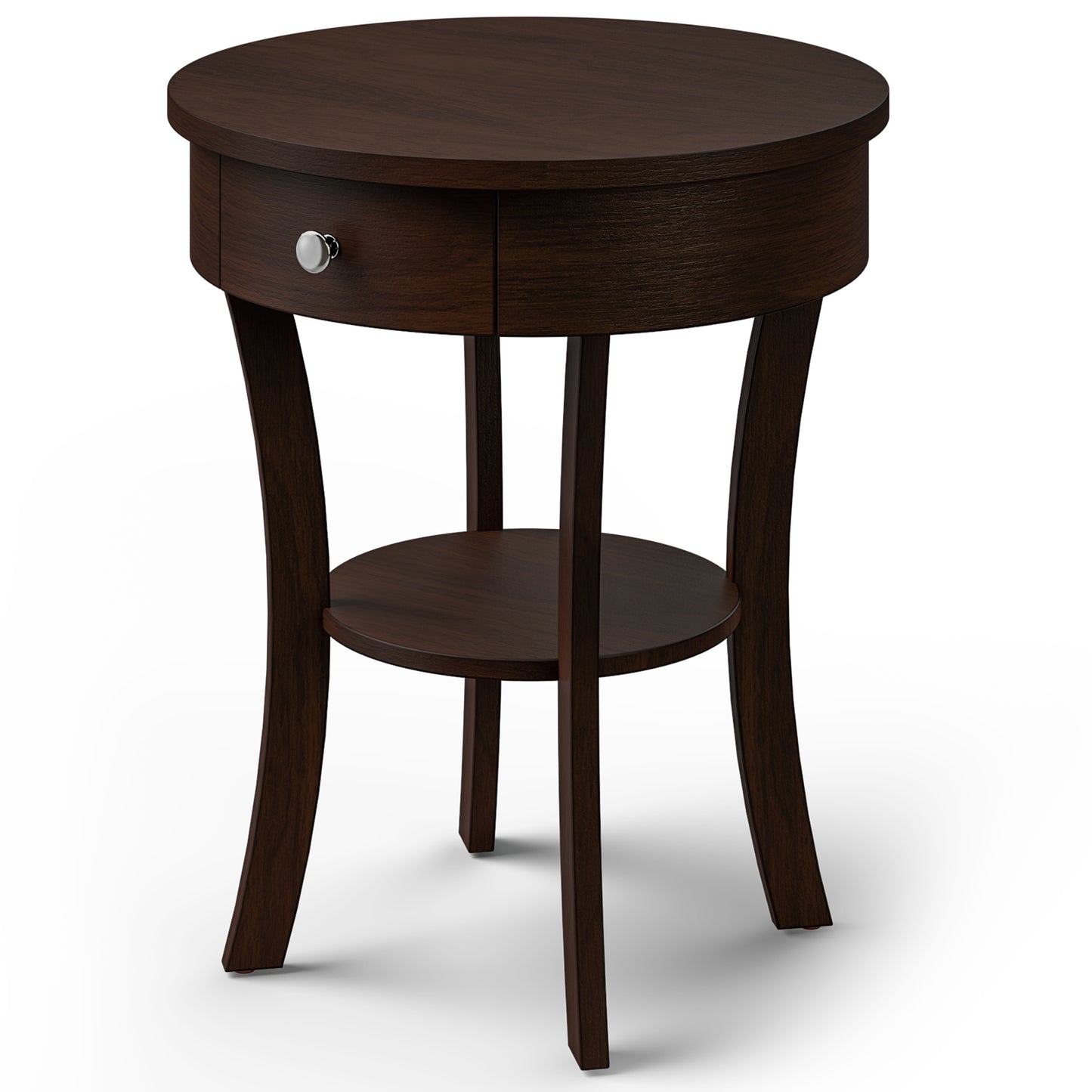 2-Tier Wood Round End Table with Open Drawer-Brown - Brown