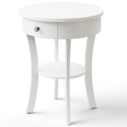 2-Tier Wood Round End Table with Open Drawer-Brown - White