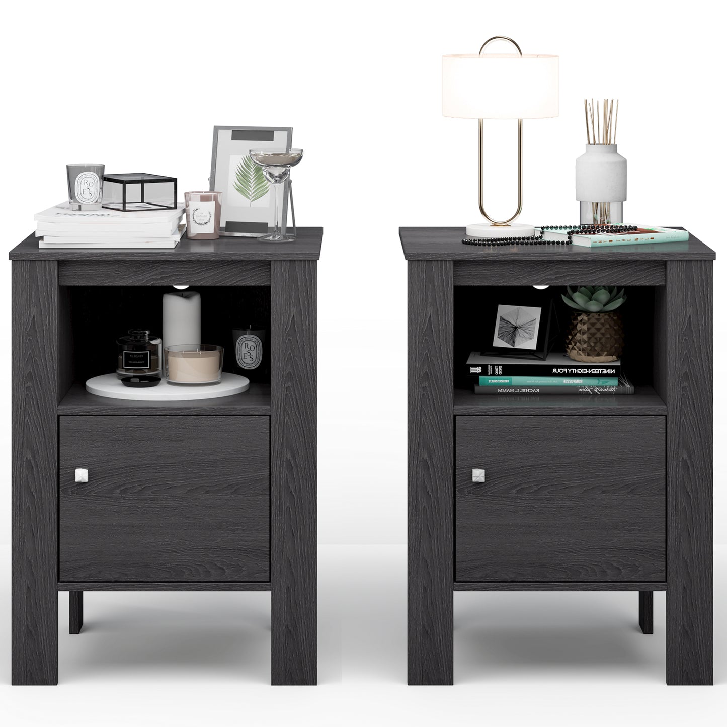 Compact Floor Farmhouse Nightstand with Open Shelf and Cabinet-Dark Gray
