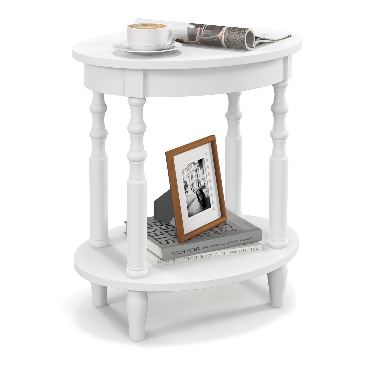 Oval Side Table with Storage Shelf and Wood Legs