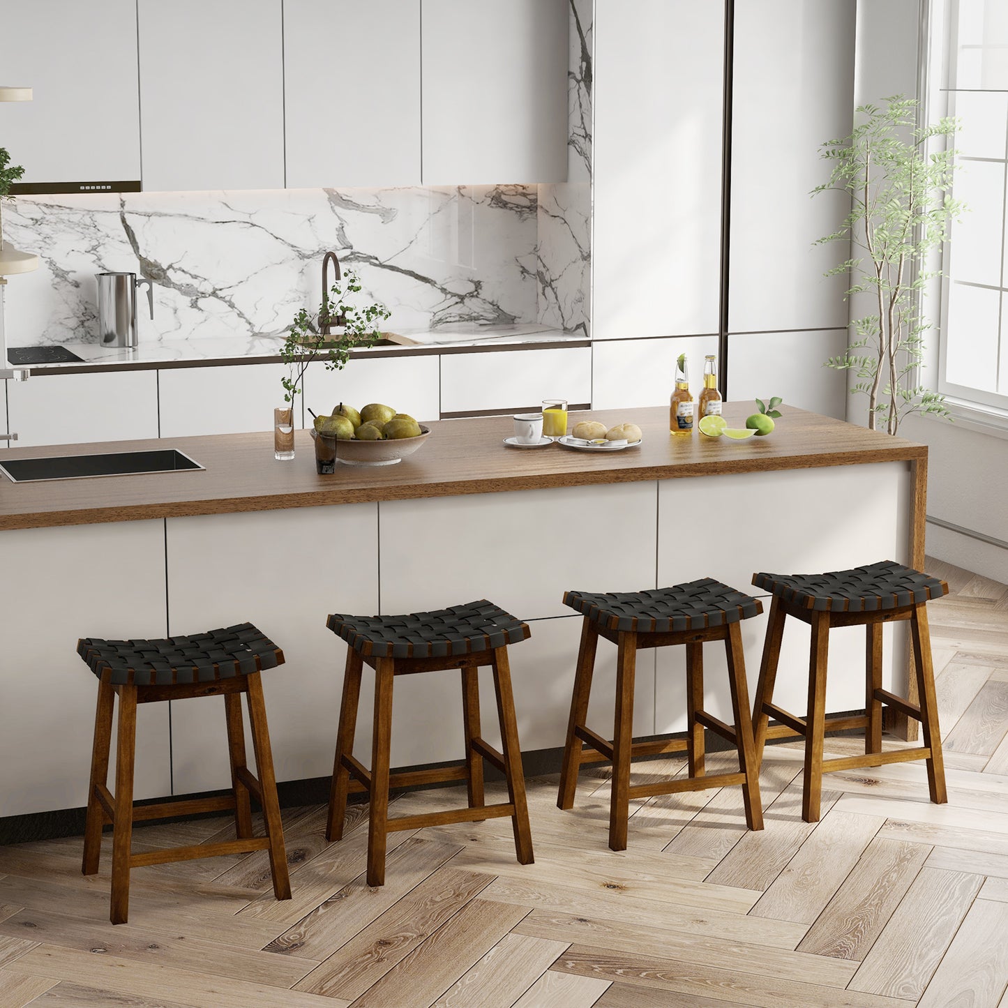 Faux PU Leather Bar Height Stools Set of 2 with Woven Curved Seat-25 Inches