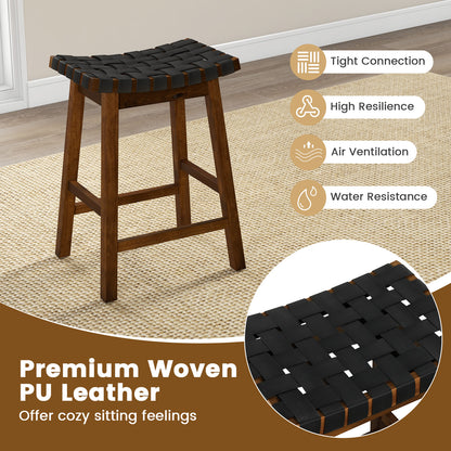 Faux PU Leather Bar Height Stools Set of 2 with Woven Curved Seat-25 Inches