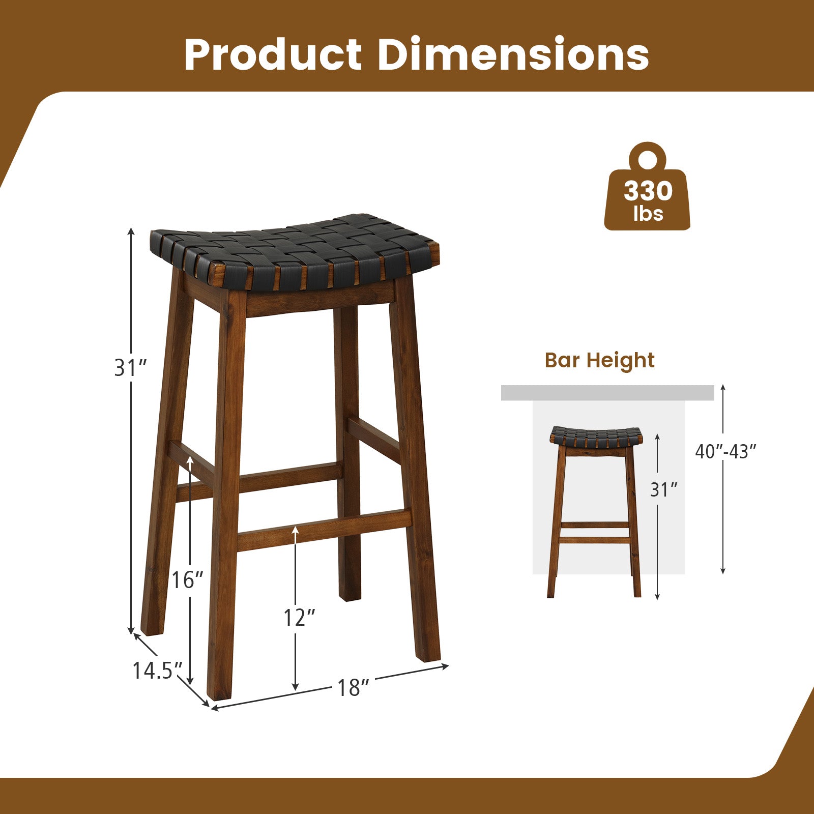 Faux PU Leather Bar Height Stools Set of 2 with Woven Curved Seat-29 Inches