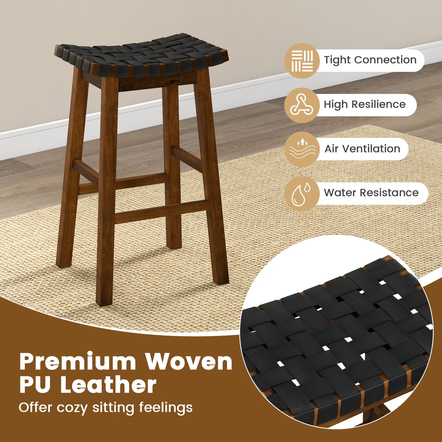 Faux PU Leather Bar Height Stools Set of 2 with Woven Curved Seat-29 Inches