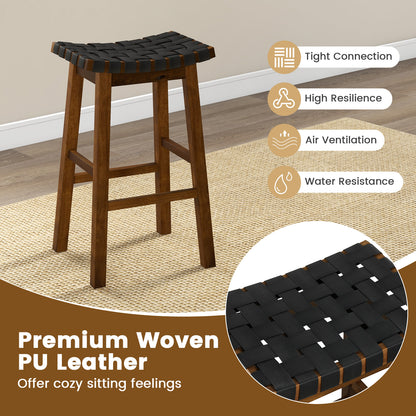 Faux PU Leather Bar Height Stools Set of 2 with Woven Curved Seat-29 Inches