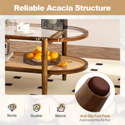 2-Tier Coffee Table with Tempered Glass Tabletop and Acacia Wood Frame-Brown