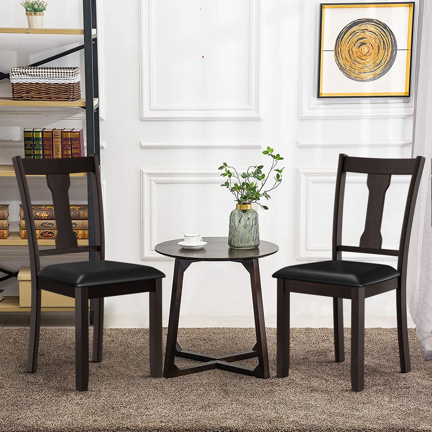 Set of 2 Dining Room Chair with Rubber Wood Frame and Upholstered Padded Seat-Coffee