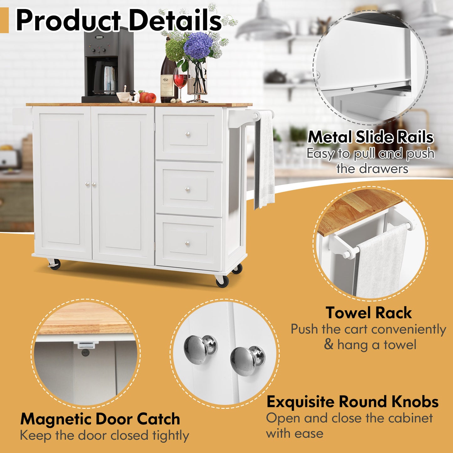 Kitchen Island Trolley Cart Wood with Drop-Leaf Tabletop and Storage Cabinet-White