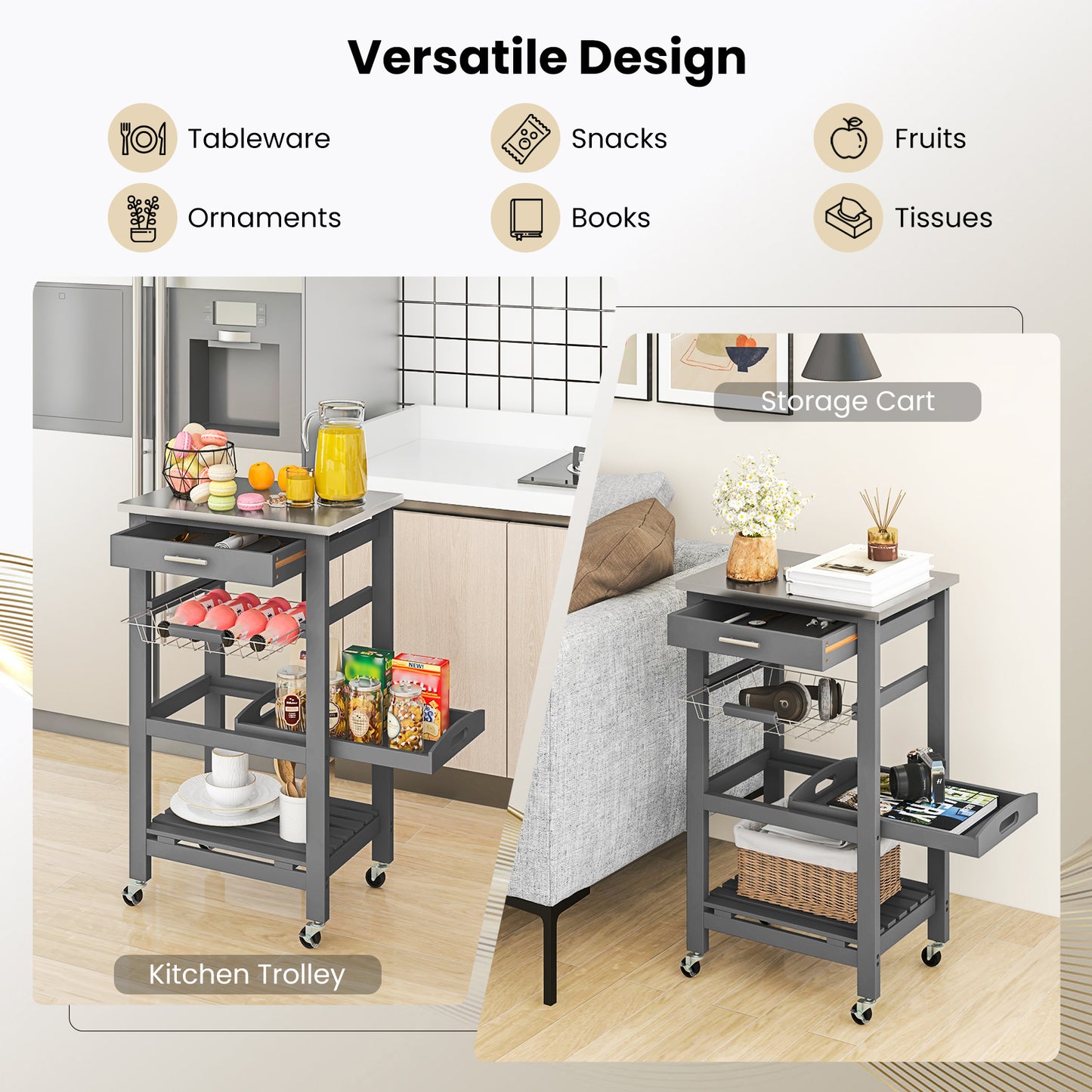 Kitchen Island Cart with Stainless Steel Tabletop and Basket-Gray