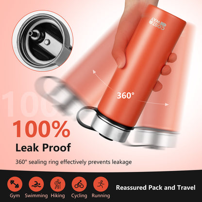 22 Oz Double-walled Insulated Stainless Steel Water Bottle with 2 Lids and Straw-Blue - Orange