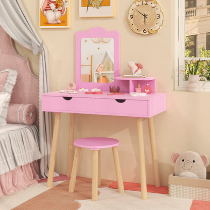 Kid Vanity Table Chair Set with Mirror and 2 Large Storage Drawers