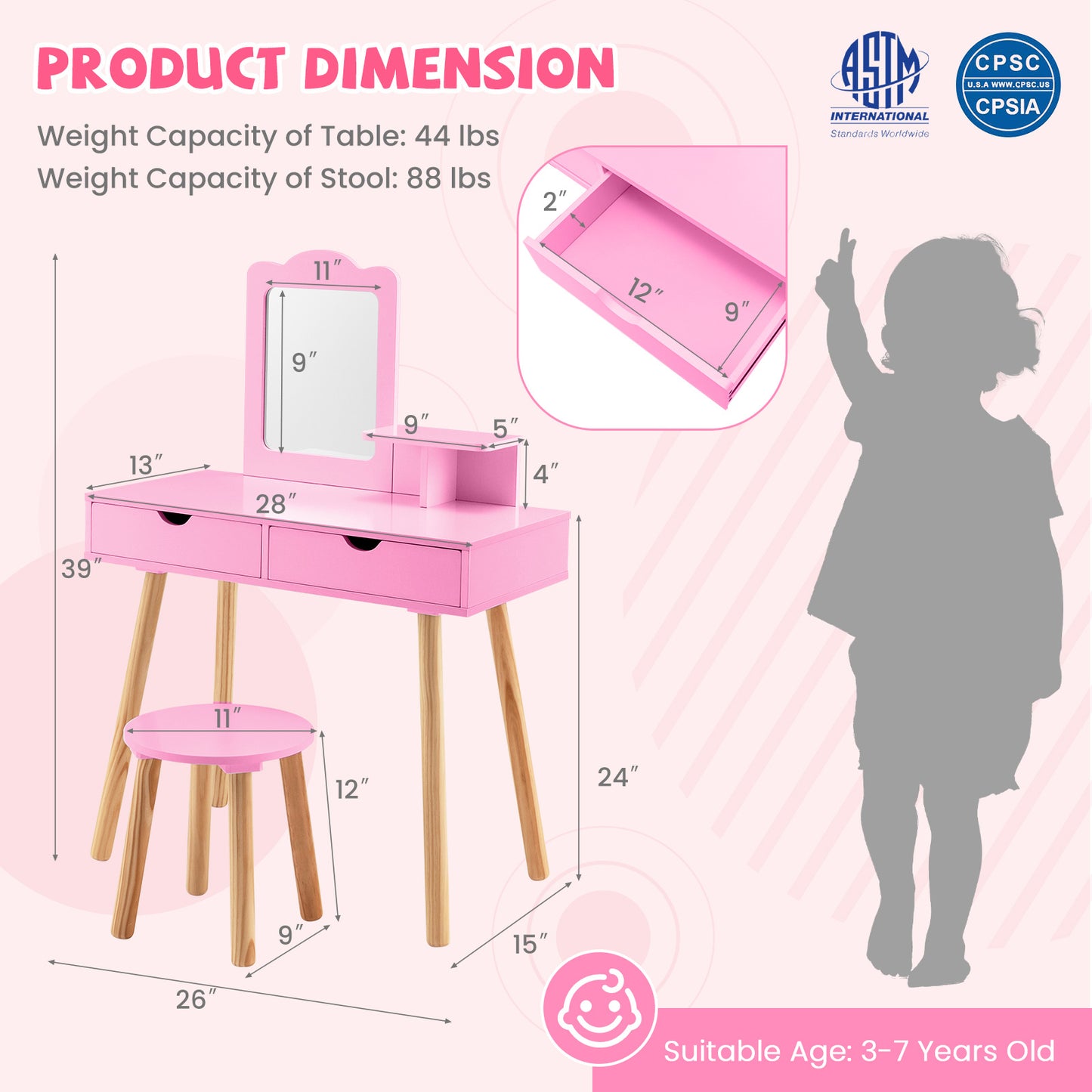 Kid Vanity Table Chair Set with Mirror and 2 Large Storage Drawers