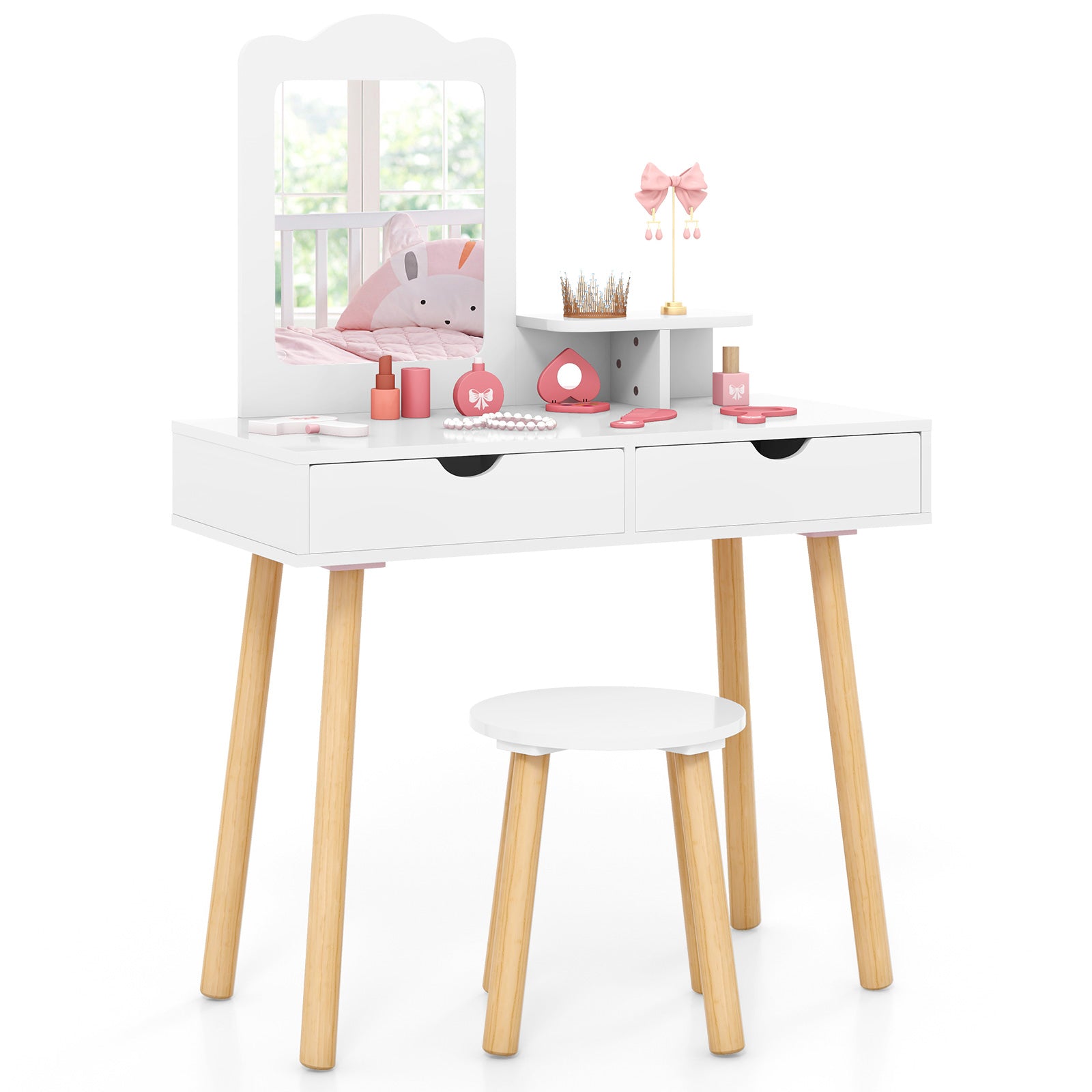 Kid Vanity Table Chair Set with Mirror and 2 Large Storage Drawers-Pink - White