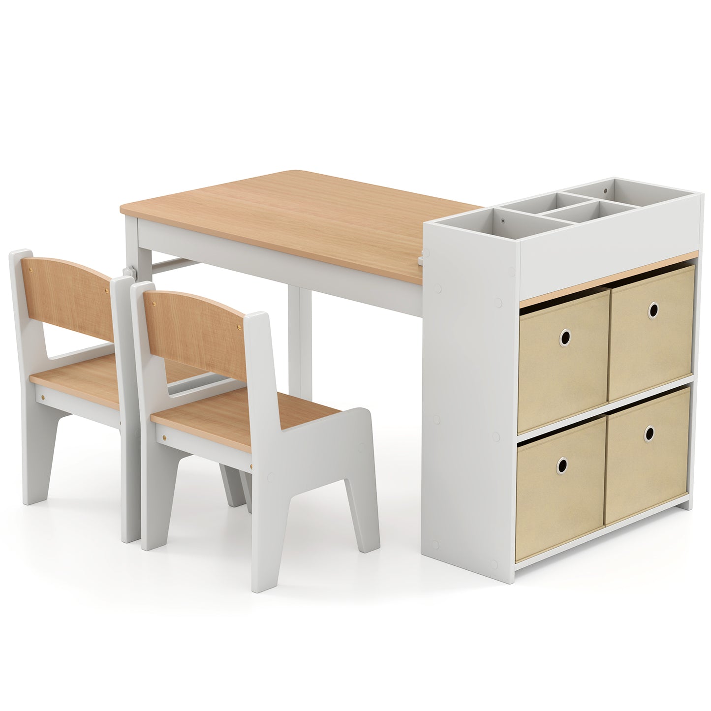 Kids Art Table and Chairs Set with 2 Chairs and Paper Roll-Gray - Natural