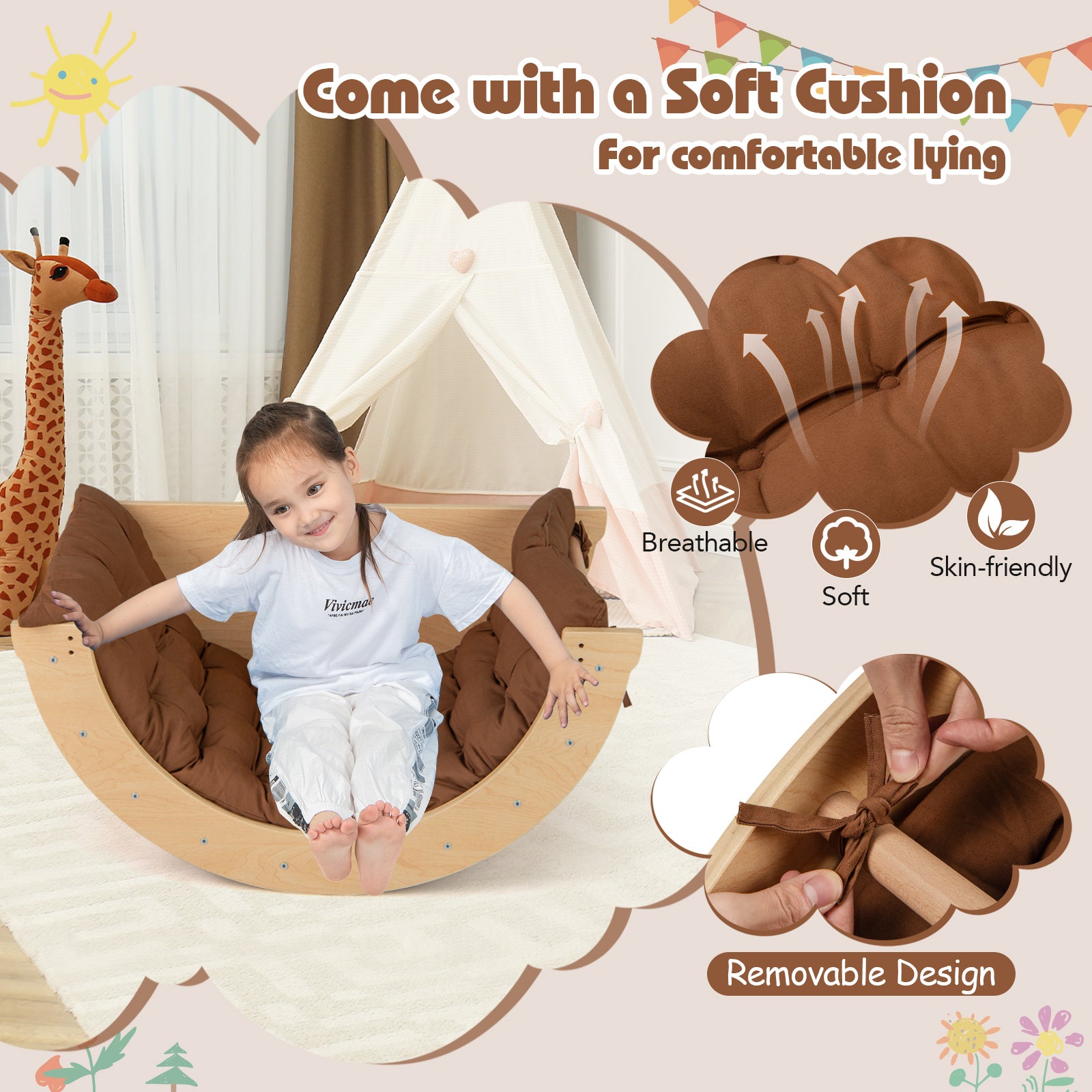 Kids Climbing Arch with Cushion Montessori Arch Climber/Rocker for Toddlers-Coffee