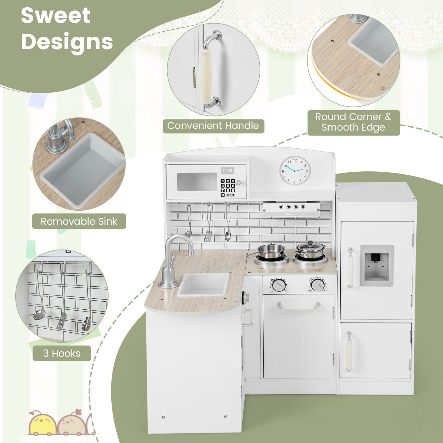 Kids Kitchen Playset Conor Kitchen Toy with Realistic Microwave and Oven Stove-White