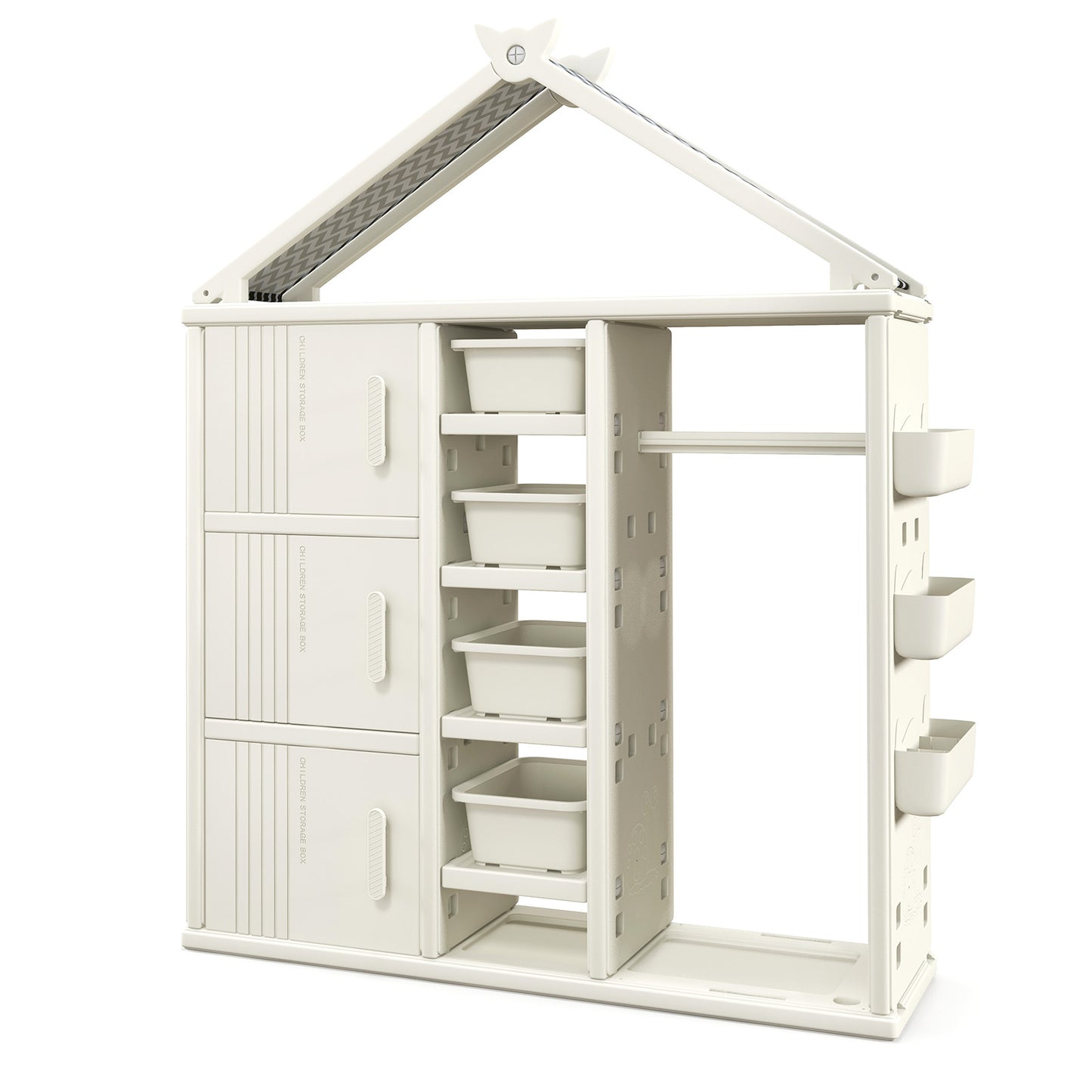 Kids Costume Storage Closet with Storage Bins and Shelves and Side Baskets for Kids Room-Gray - White