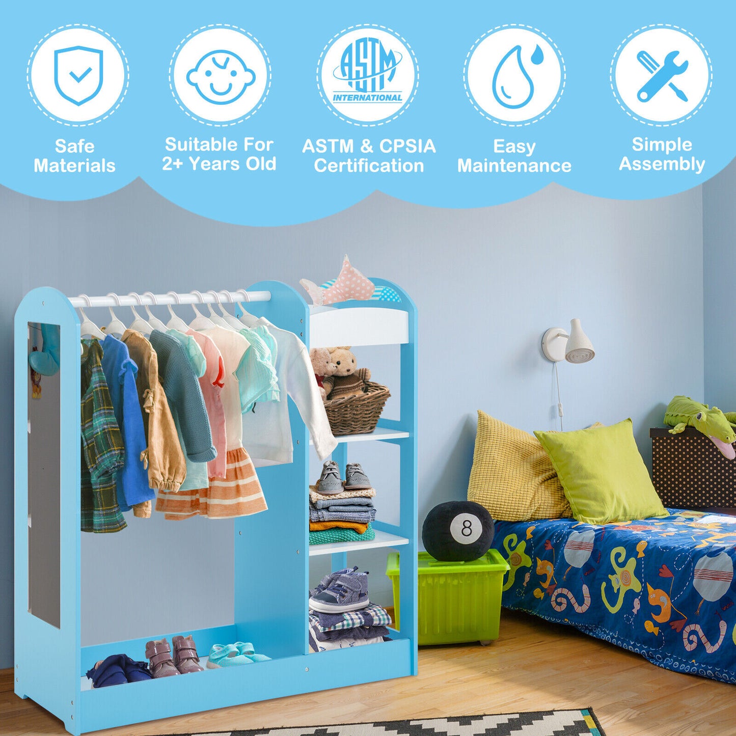 Kids Dress Up Storage with Mirror-Pink - Blue