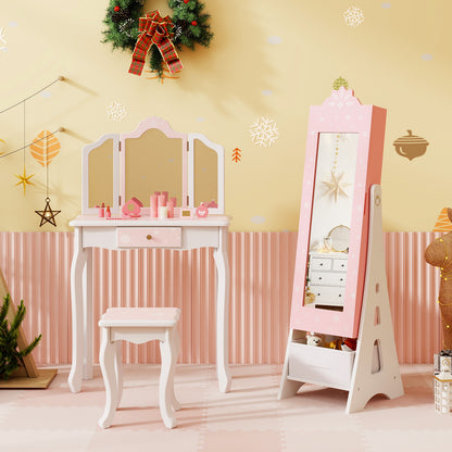 Kids Jewelry Cabinet with Full-Length Mirror and Foldable Drawer-Pink