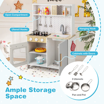 Kids Kitchen Playset with Lights Sounds Microwave Stoves Sink Oven and Cooking Accessories-White