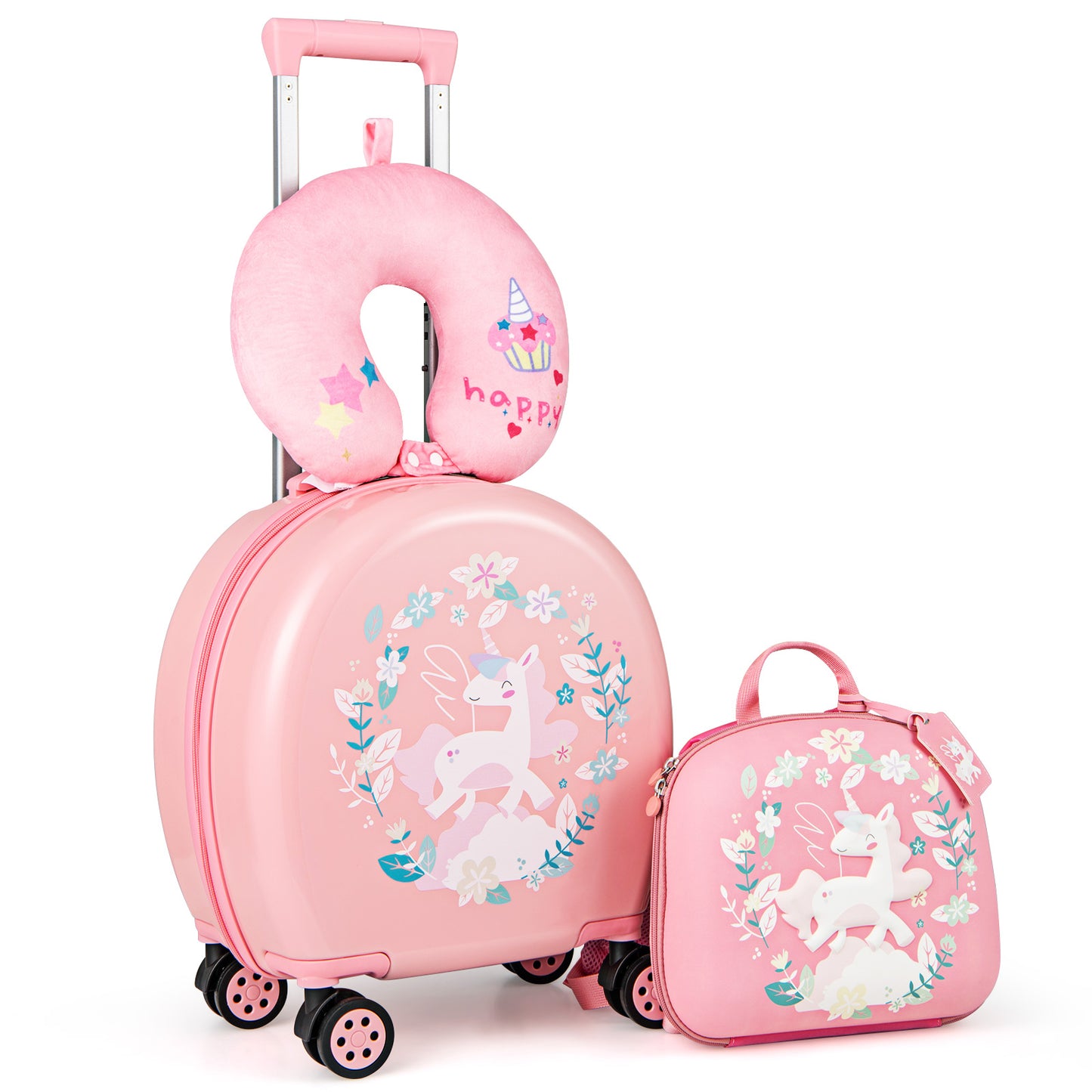 Kids Luggage Set with 14 Inches Carry-on Hardside Spinner Toddler Luggage and 10 Inches Backpack-Pink - Pink