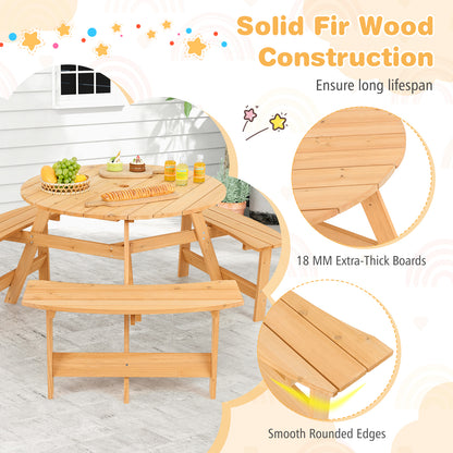 Kids Outdoor Wooden Picnic Table and Bench Set with Umbrella Hole-Natural