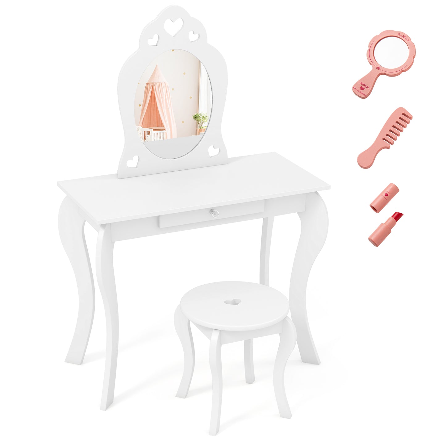 Kids Princess Makeup Dressing Play Table Set with Mirror-Off White - Off White