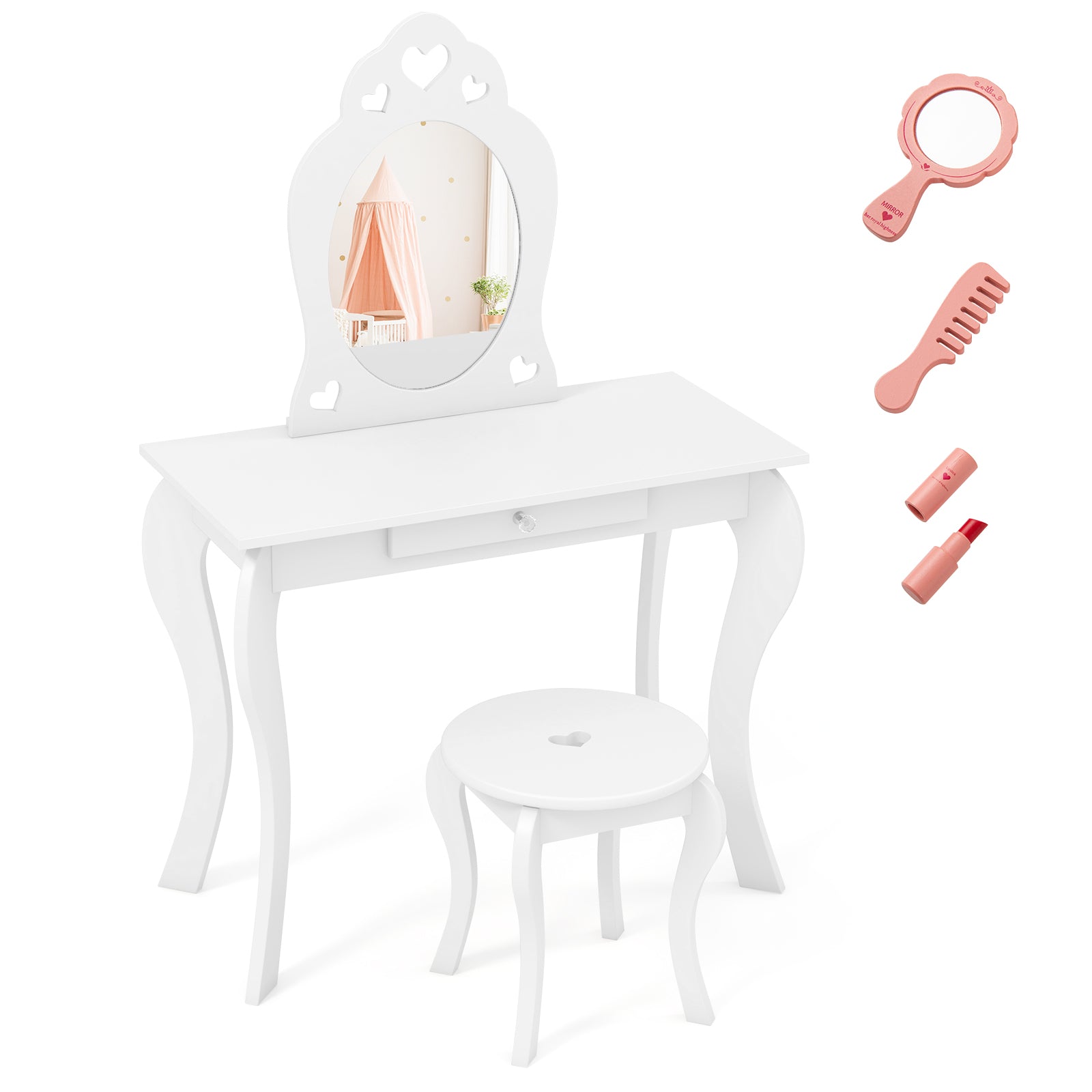 Kids Princess Makeup Dressing Play Table Set with Mirror-Off White - Off White