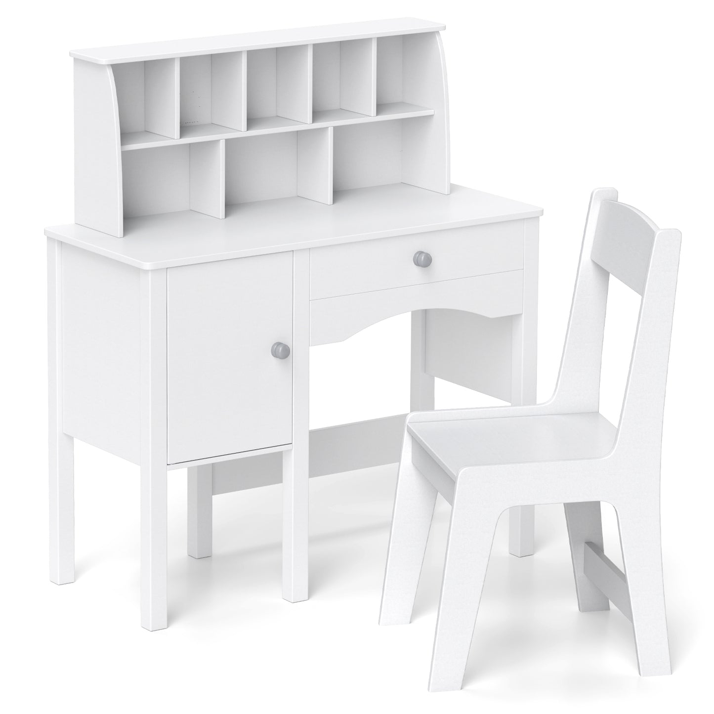 Kids Study Desk and Chair Set with Chair Hutch and Storage Cabinet for 3+ Years Old-White - White
