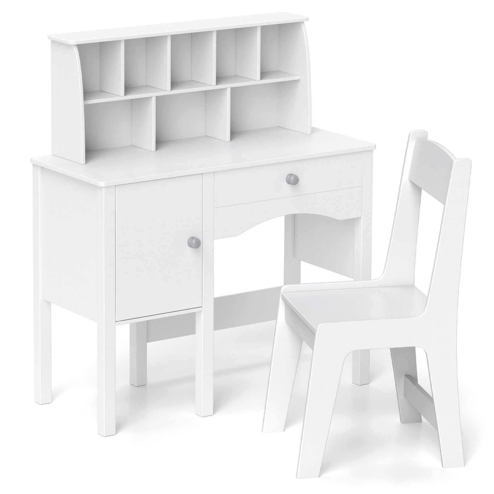 Kids Study Desk and Chair Set with Chair Hutch and Storage Cabinet for 3+ Years Old-White - White