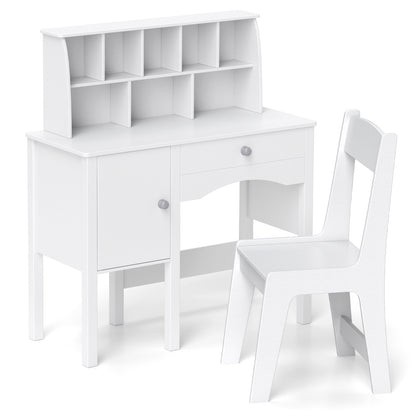 Kids Study Desk and Chair Set with Chair Hutch and Storage Cabinet for 3+ Years Old-White - White