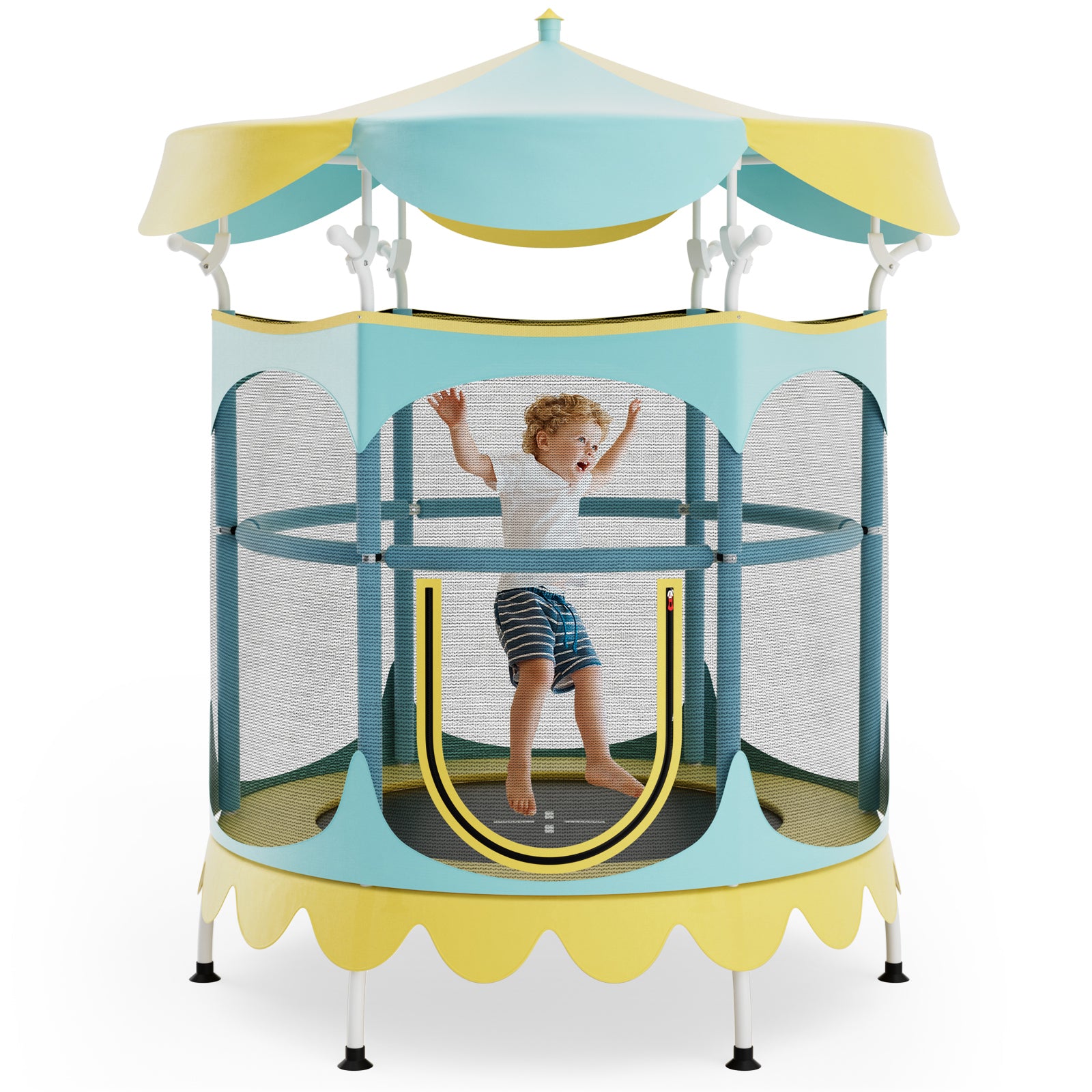 64 Inch Kids Trampoline with Detachable Canopy and Safety Enclosure Net-Pink - Yellow