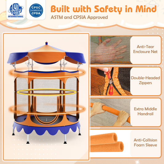 64 Inch Kids Trampoline with Detachable Canopy and Safety Enclosure Net