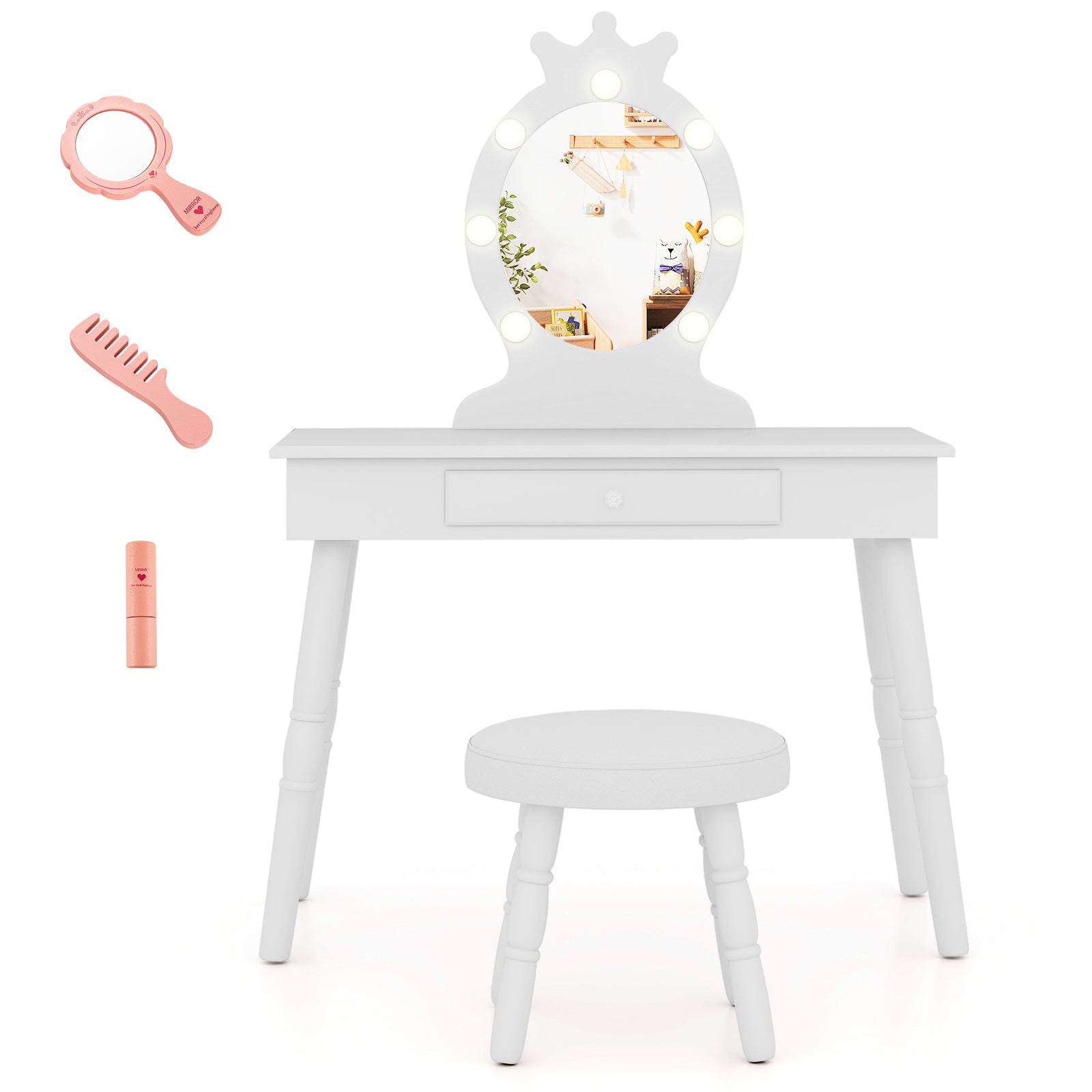 Kids Vanity Set with Lighted Mirror with Adjustable Brightness and Large Drawer-Purple - White