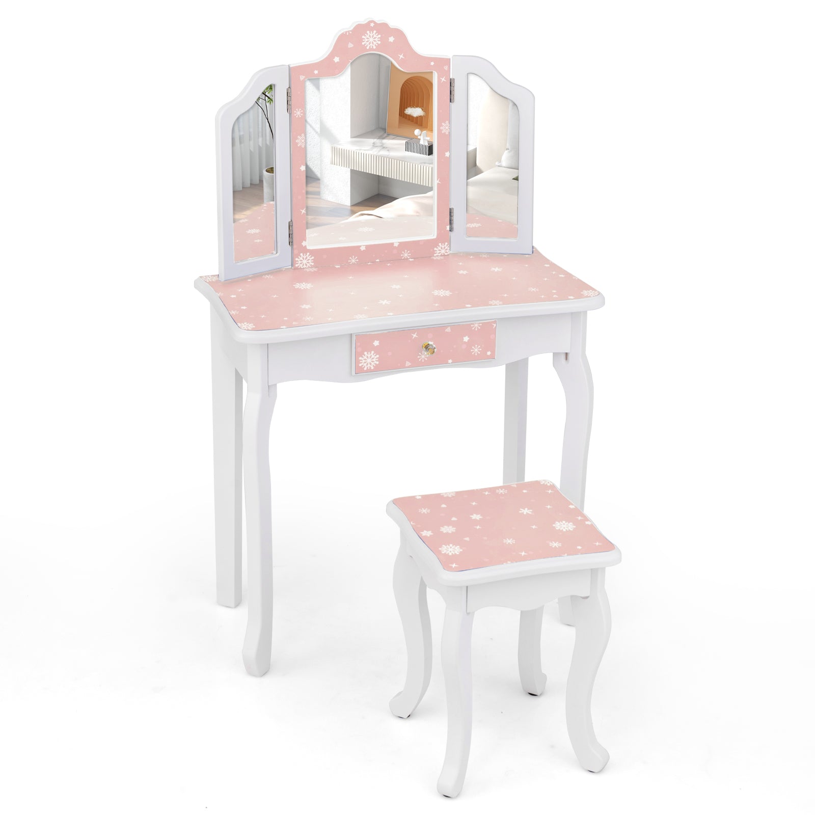 Princess Pretend Play Makeup Table and Stool Set with Tri-folding Mirror-Blue - Pink