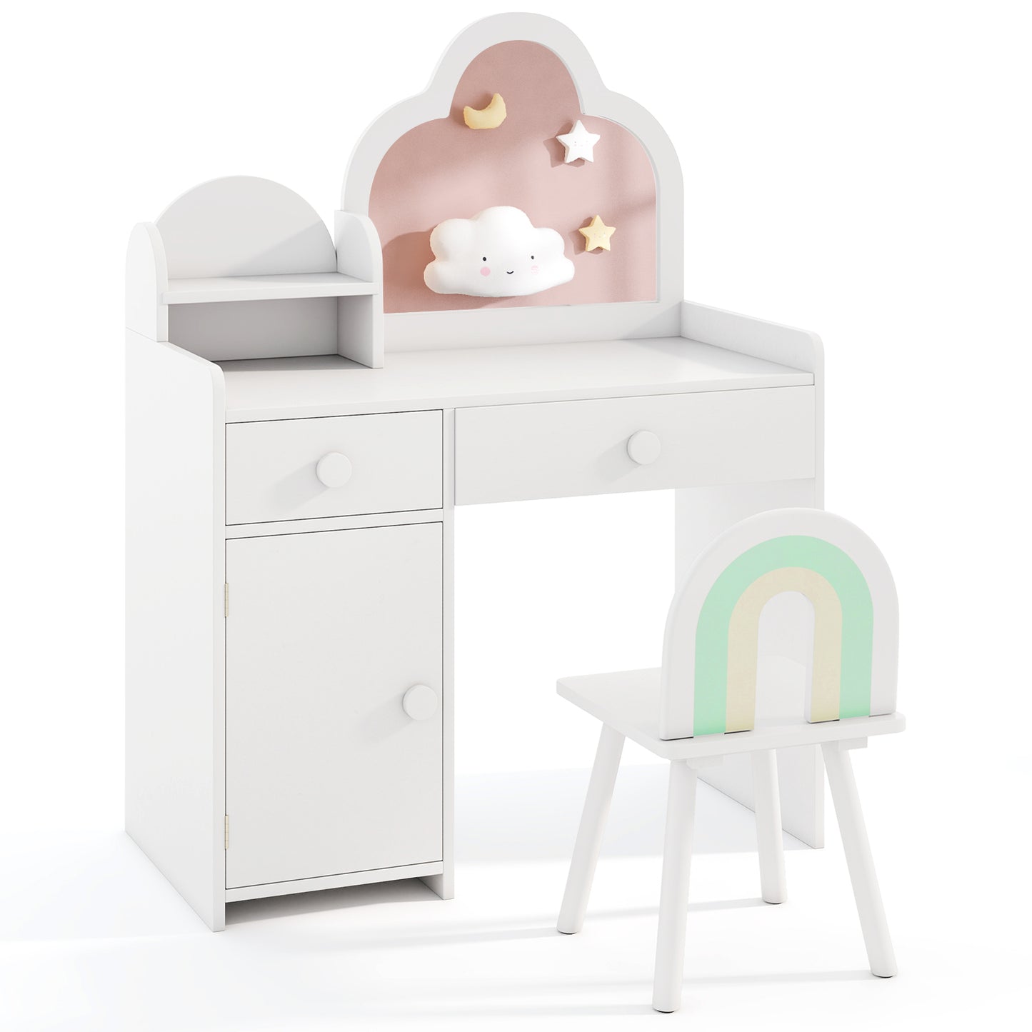 Kids Vanity Table and Chair Set with Cloud-shaped Mirror and Open Shelf-Pink - White