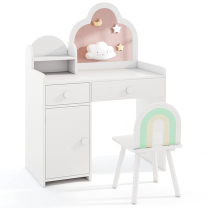 Kids Vanity Table and Chair Set with Cloud-shaped Mirror and Open Shelf-Pink - White