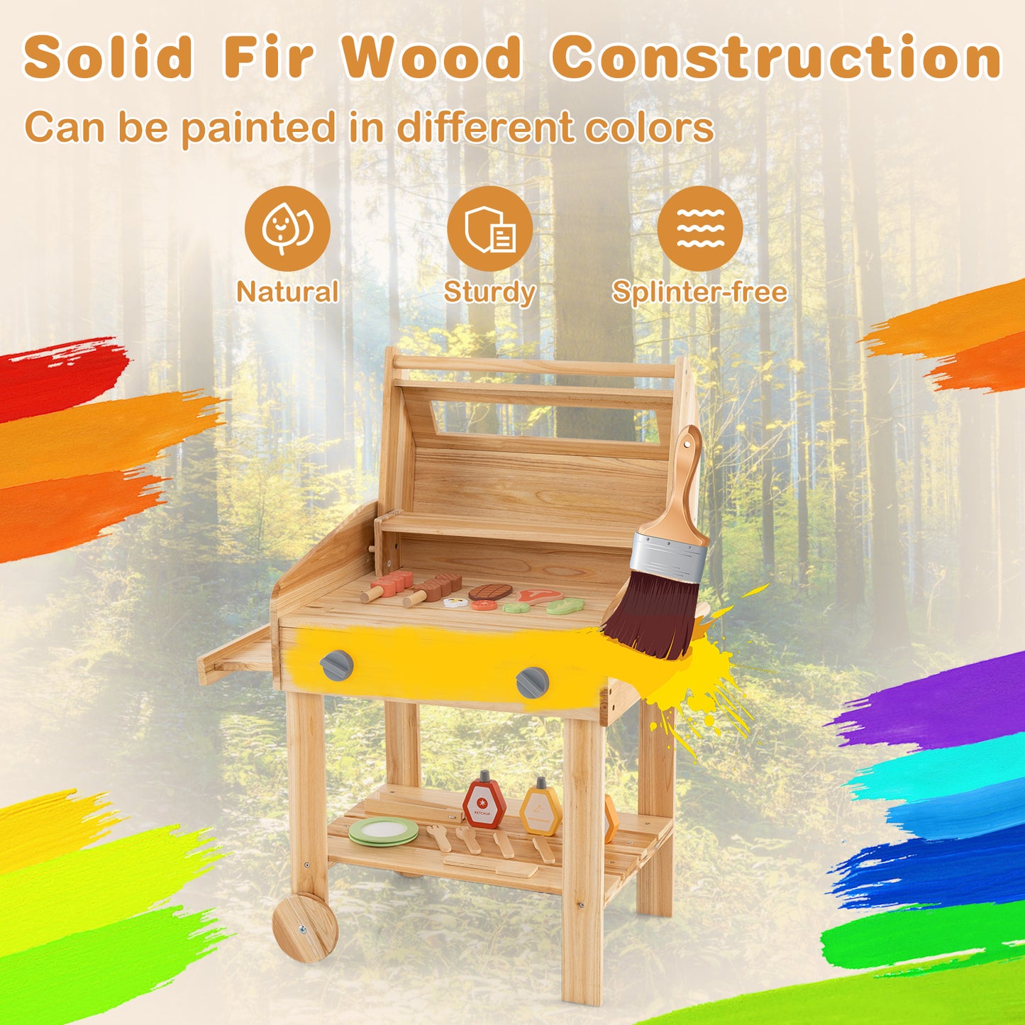 Kids Wooden Barbecue Grill Playset Pretend Kitchen with Food and Wheels-Natural