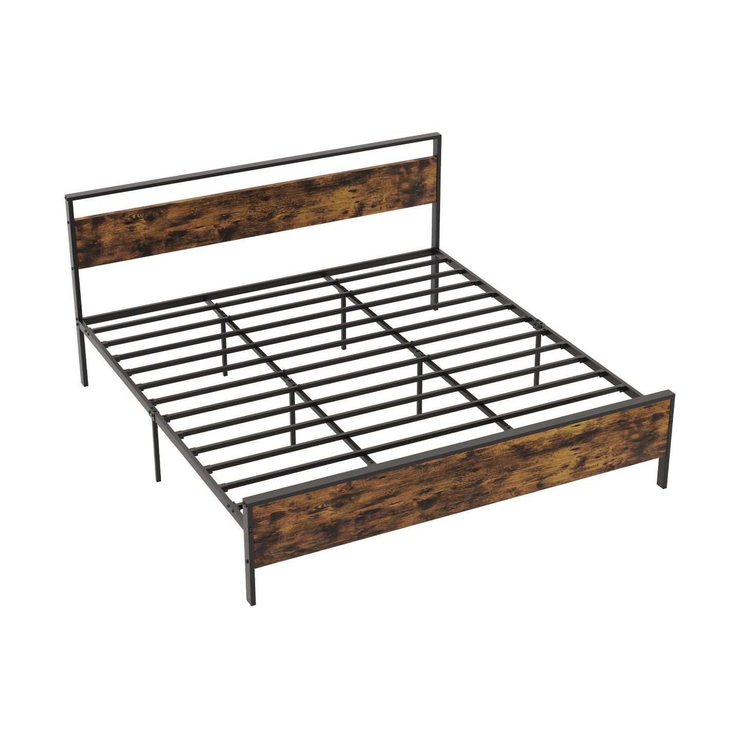 King Metal Bed Frame Industrial Platform Bed with Wooden Headboard-King Size - King Size